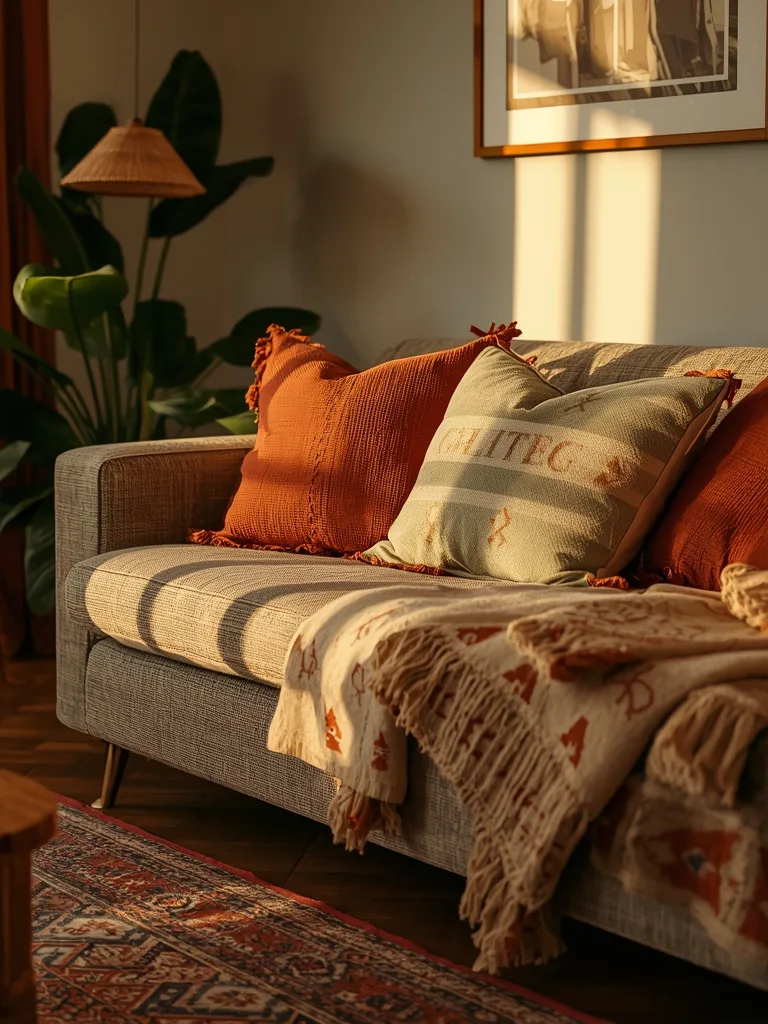 Colorful boho throw pillows in earthy tones with tassels and fringe on a cozy sofa