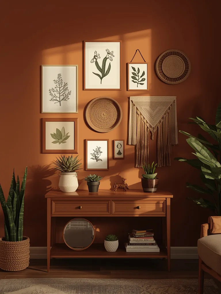 Gallery wall with natural wood frames displaying art prints and photos above a boho sofa with woven pillows