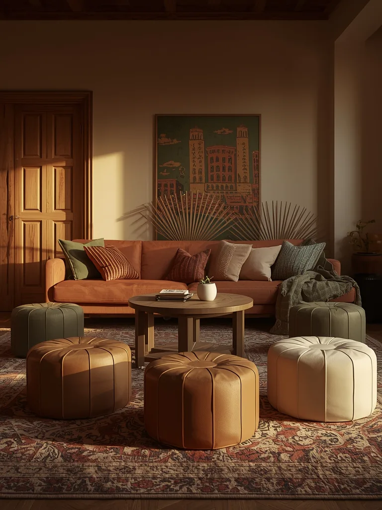 Cozy floor seating area with colorful poufs and floor cushions arranged around a low coffee table
