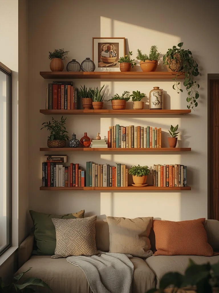 Wooden bookshelf with woven baskets and plants in boho living room