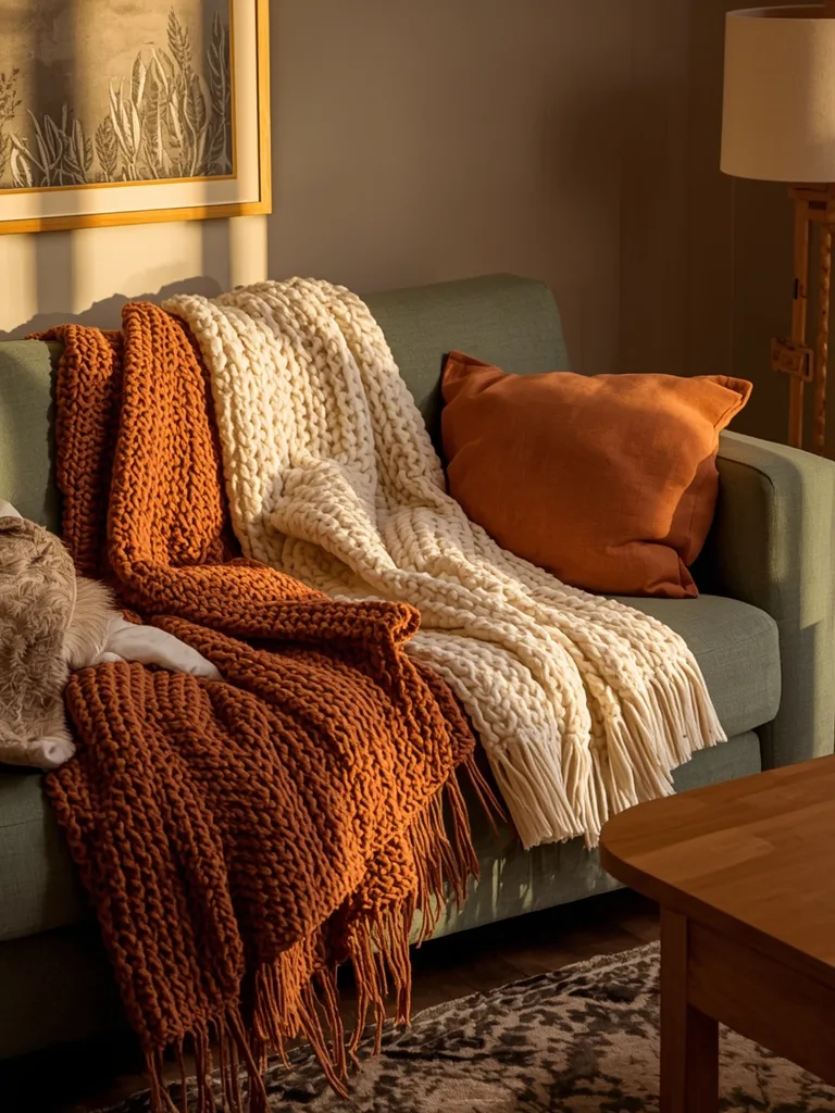 Layered throw blankets in earthy tones draped over a woven basket chair