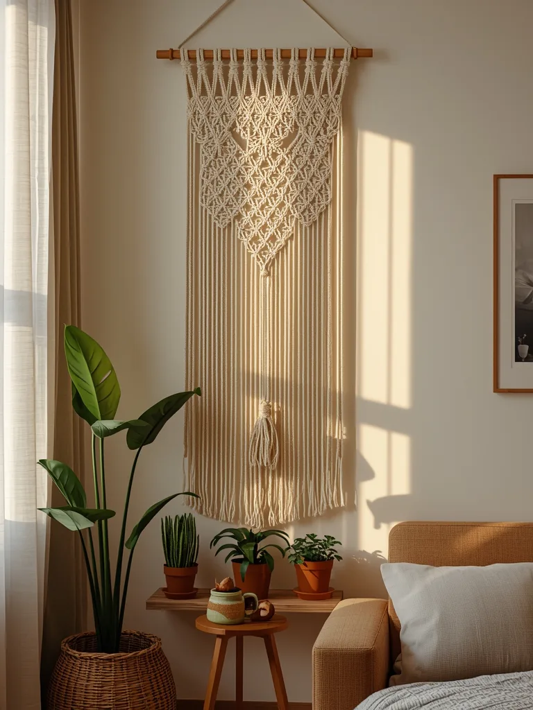 Macrame wall hanging creates bohemian focal point above cream sofa with colorful throw pillows