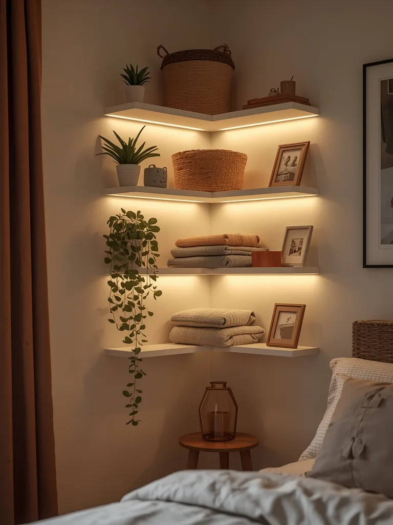 Floating corner shelves with warm LED lighting illuminate a stylish closet space