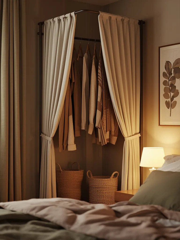 Tension rod corner closet system with hanging clothes and shelves in small apartment