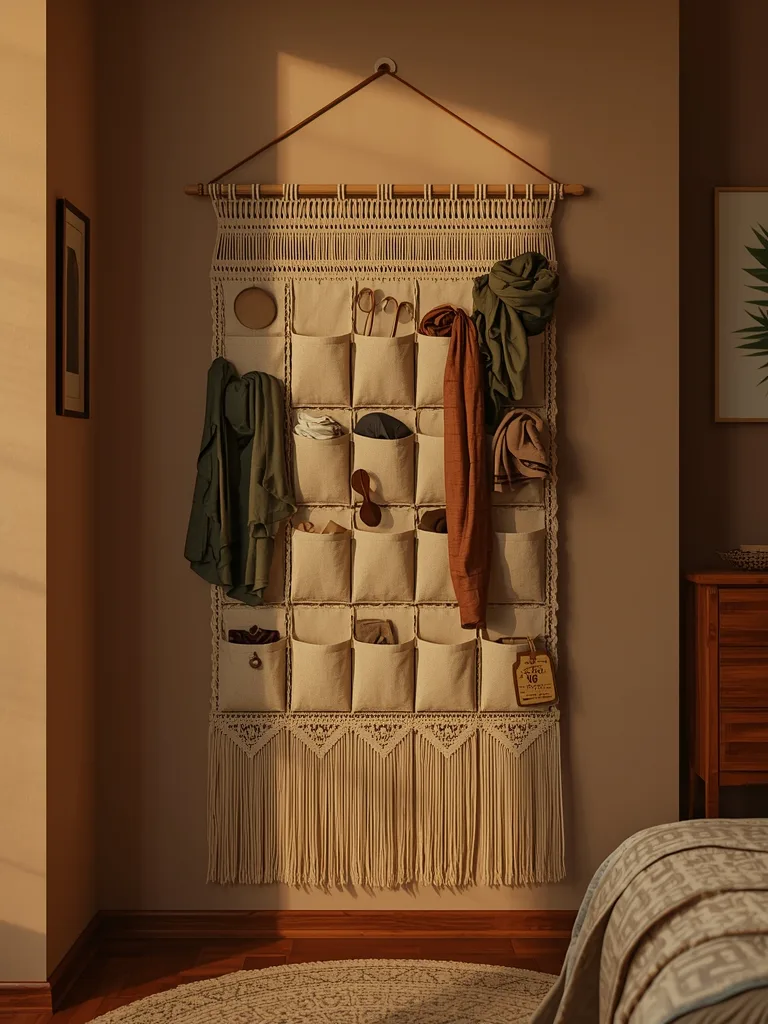 Macramé hanging closet organizer with woven shelves and hooks for accessories