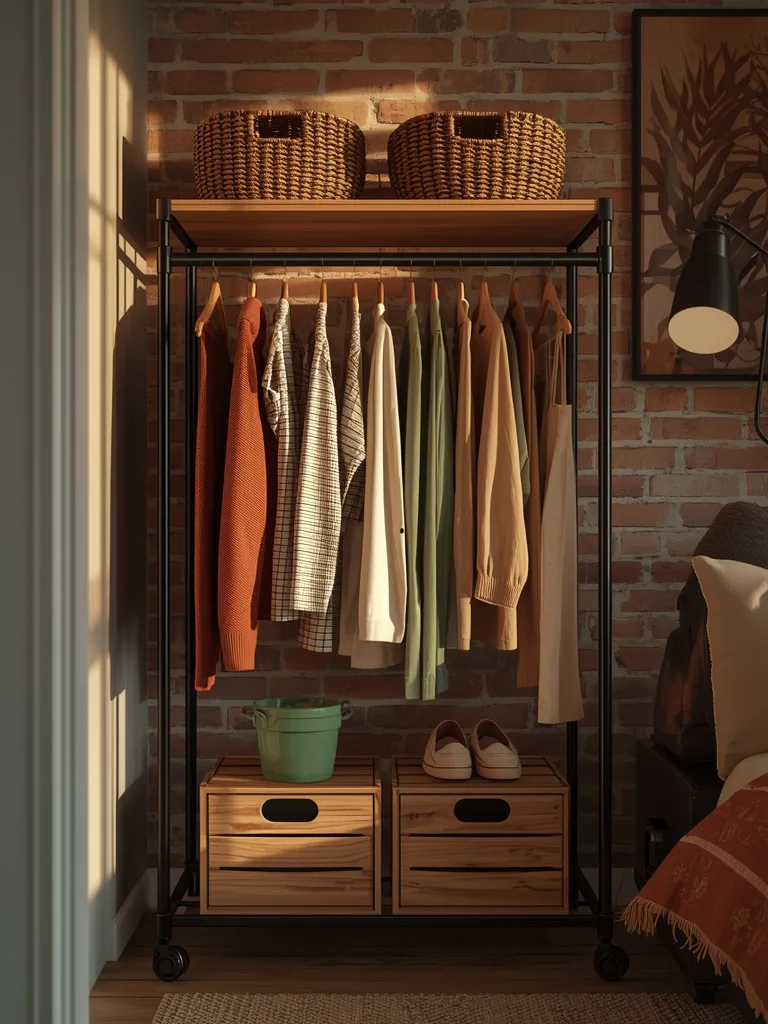 Rolling garment rack with wooden hangers and shoes organized in corner of bedroom