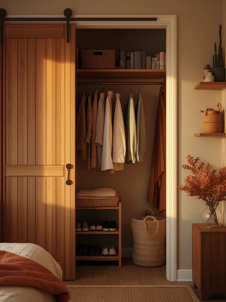 White corner closet with sliding barn door in small bedroom