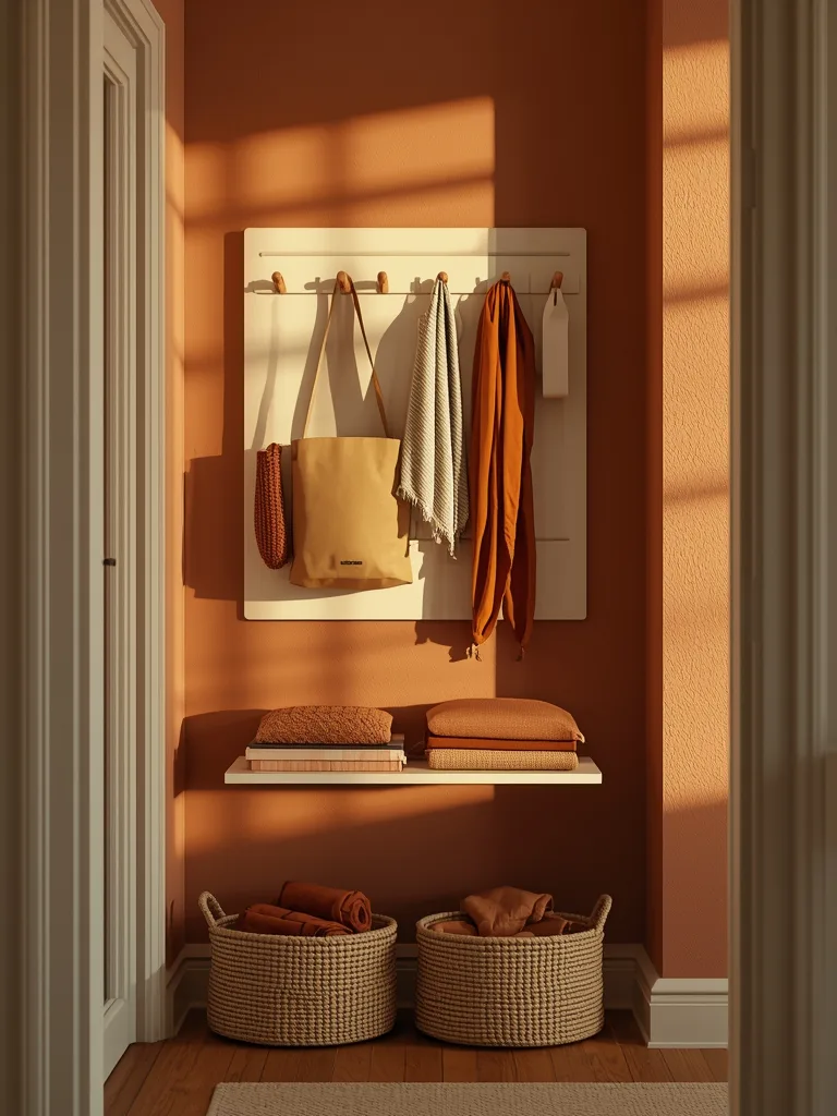 Pegboard wall with hooks and shelves in a corner closet for vertical storage