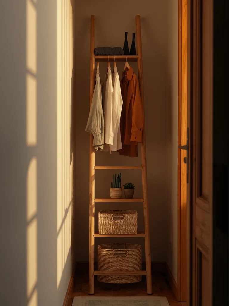 Ladder-style wooden clothes rack fits perfectly into corner with hanging garments and shoe storage below