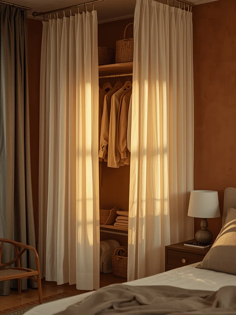 Small corner closet with curtain room divider for bedroom privacy