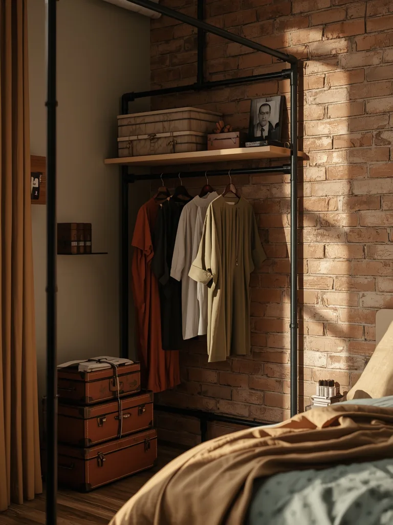 Industrial pipe corner closet with wooden shelves and hanging rods