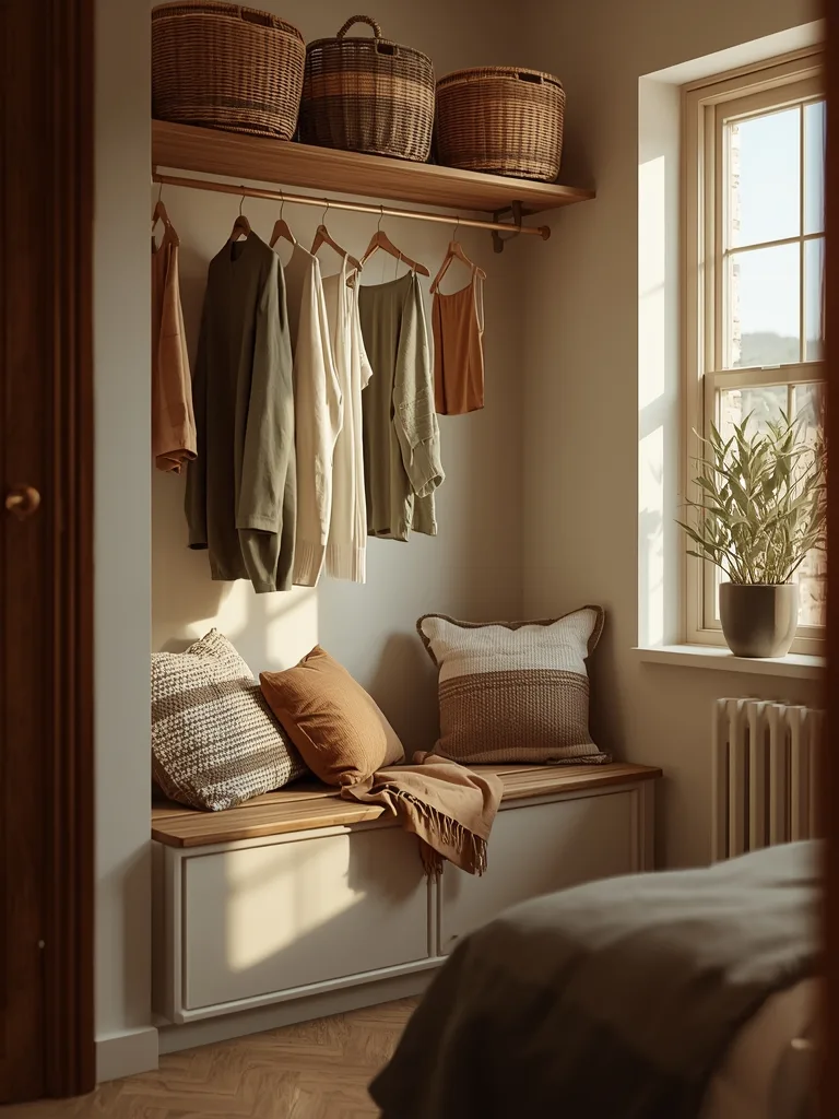 Corner closet featuring built-in bench with storage drawers and hanging space