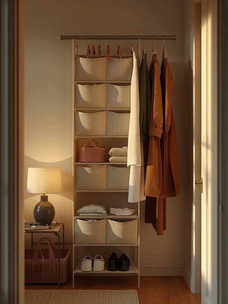 Hanging closet organizer with multiple fabric shelves and shoe pockets for maximizing corner storage space