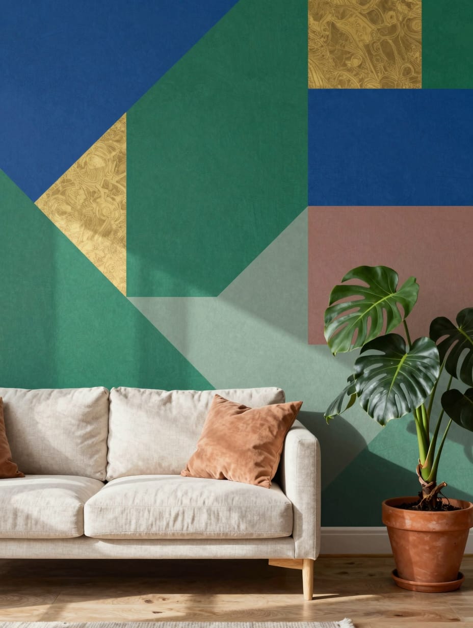 A close-up of a stylish living room wall featuring budget apartment decor with peel-and-stick geometric art in black and w...