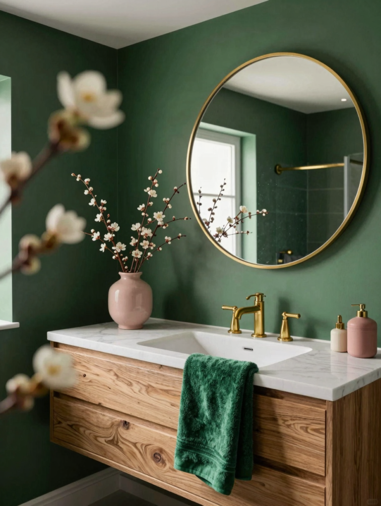 A luxurious emerald green color drenching bathroom featuring a freestanding tub, golden fixtures, and ambient lighting.