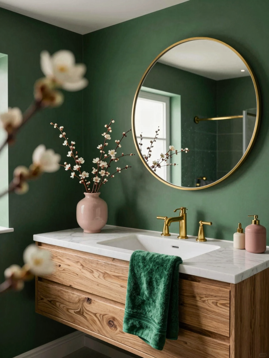 A luxurious emerald green color drenching bathroom featuring a freestanding tub, golden fixtures, and ambient lighting.