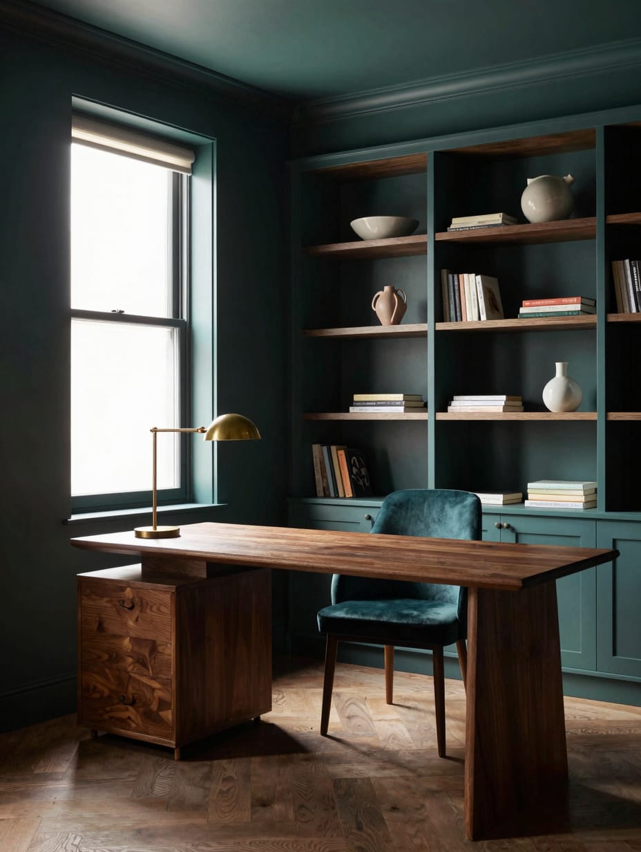 A serene color drenching home office featuring deep teal walls, desk, and decor for a tranquil and productive workspace....