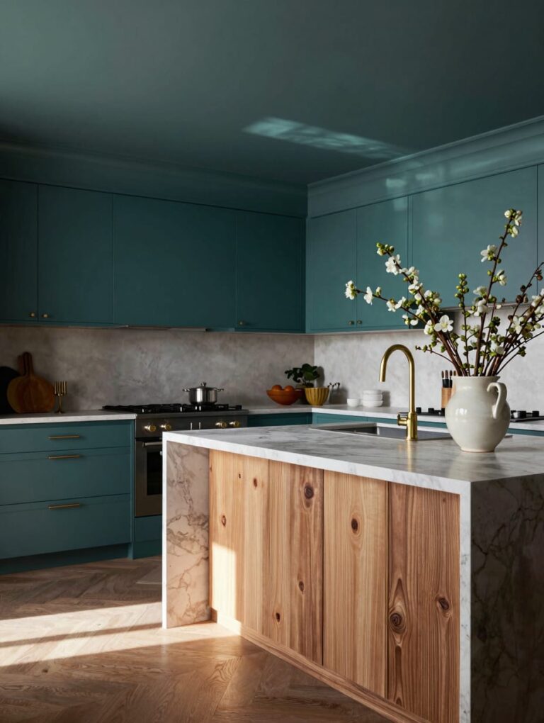 A color drenching kitchen featuring deep teal cabinets, walls, and ceiling, creating an immersive and dramatic cooking spa...
