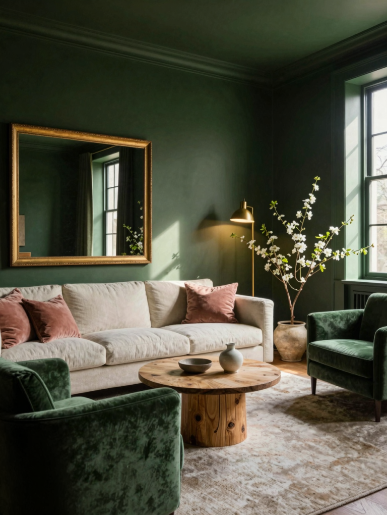 Luxurious emerald green color drenching living room with velvet sofa, brass accents, and jewel-toned walls and ceiling.