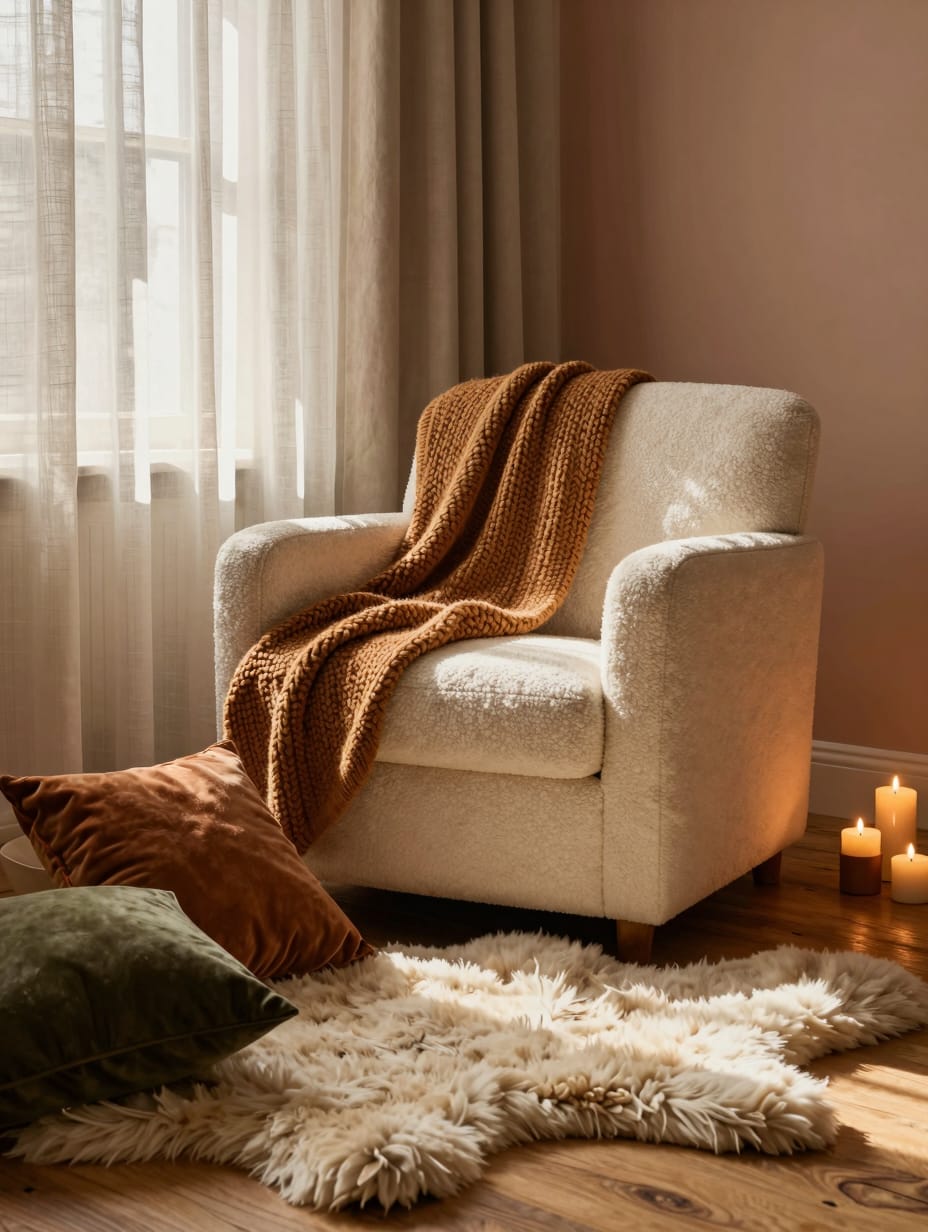 A cozy living room with a plush sofa, knit blanket, and textured pillows, showcasing layered textiles for a warm, inviting...