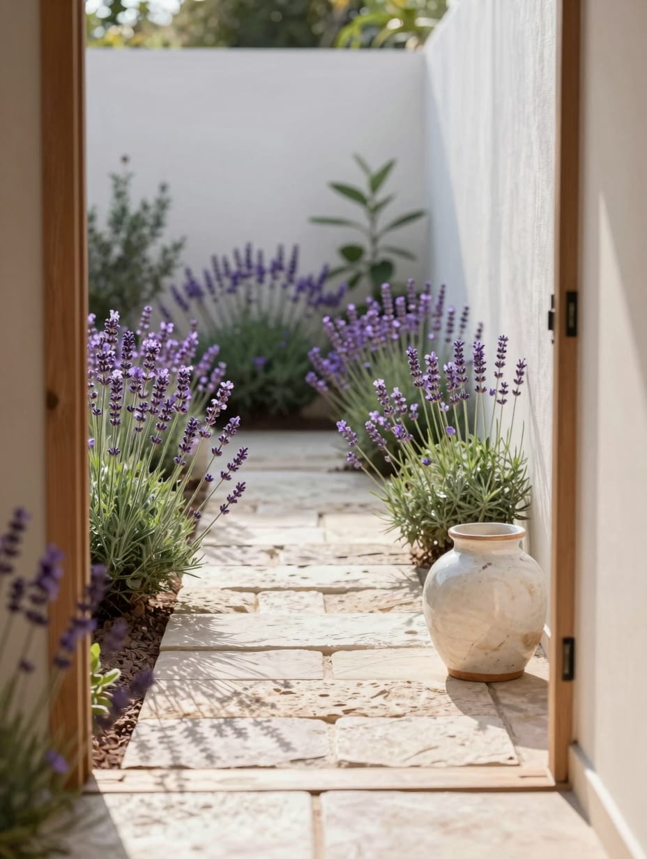 A charming front yard features a stone pathway bordered by fragrant purple lavender plants leading to a cozy home, showcas...