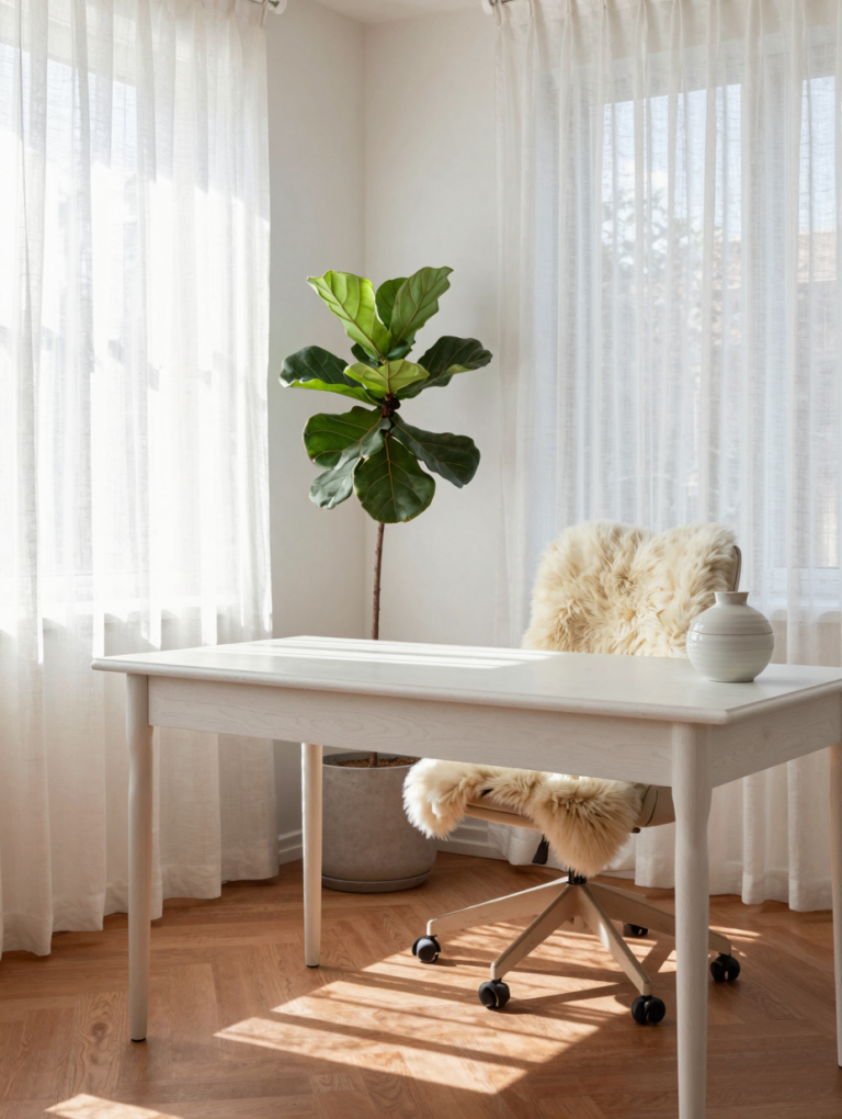 A bright, sun-drenched Scandinavian home office aesthetic with a light wooden desk, white chair, and indoor plants beside ...