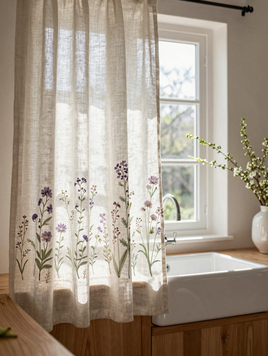 A close-up of whispering wildflower linen cafe kitchen sink curtains featuring delicate floral embroidery and a tie-back, ...