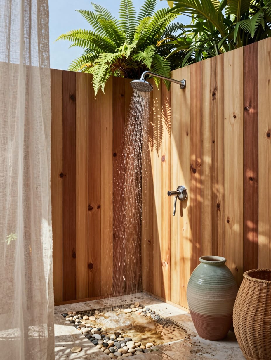 A beautifully designed sun-drenched outdoor shower with cedar paneling, lush greenery, and natural stone flooring, offerin...