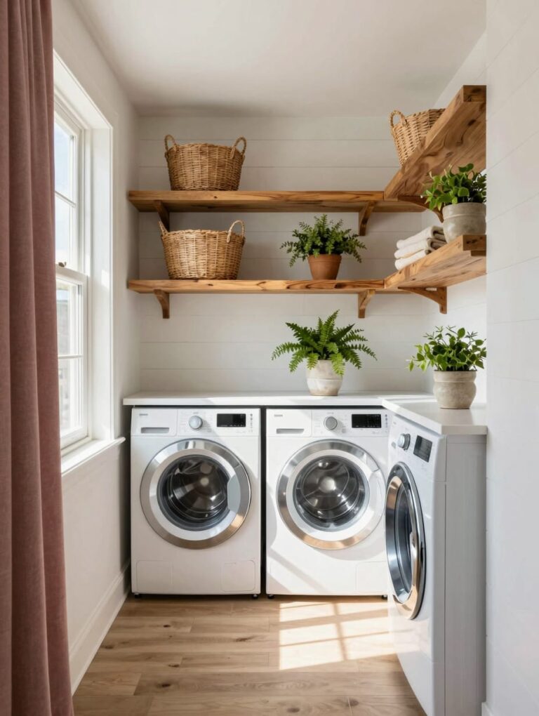 A small laundry room features stacked washer and dryer with clever vertical shelving, maximizing space with small laundry ...
