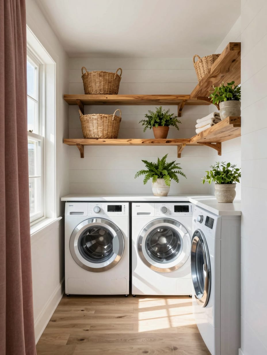 A small laundry room features stacked washer and dryer with clever vertical shelving, maximizing space with small laundry ...