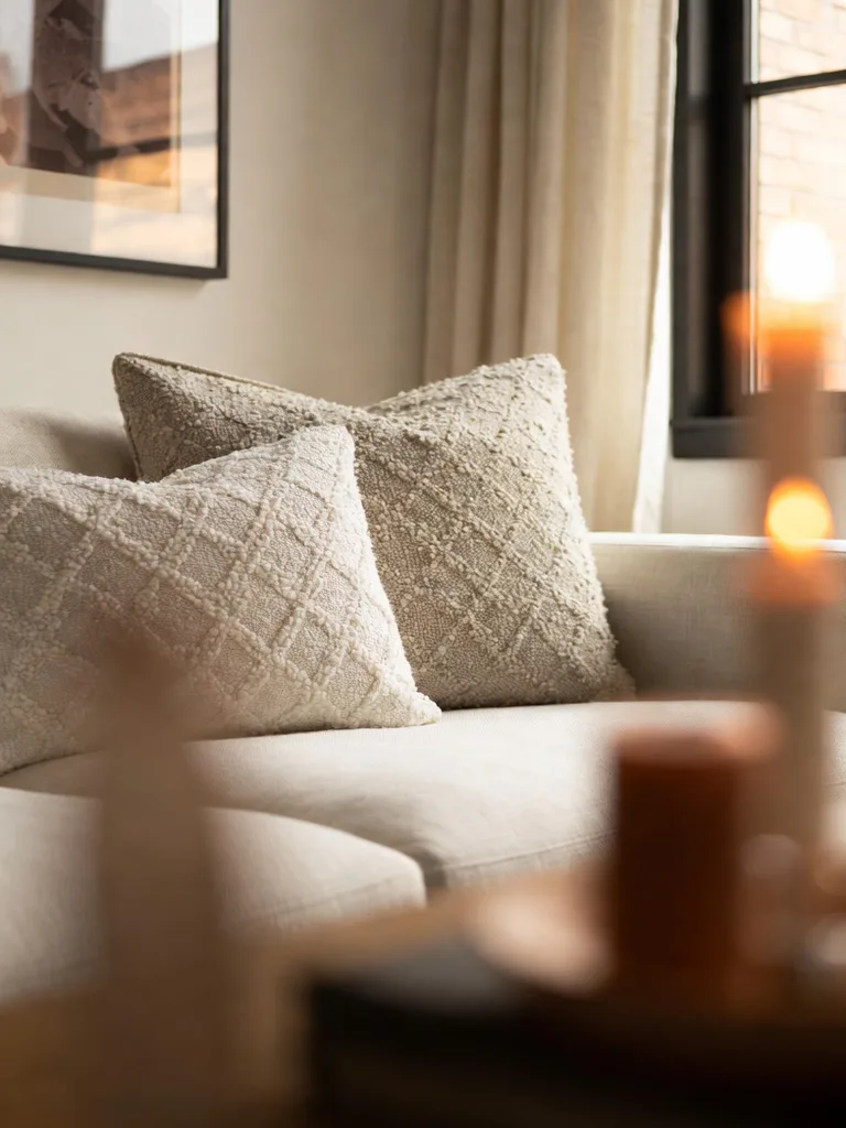 A stylish studio apartment living area featuring a large, textured rug that cleverly defines a cozy zone, showcasing smart...