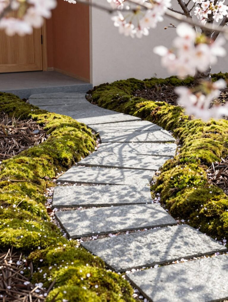 A serene flagstone moss path, one of many yard landscaping ideas for a beautifully designed outdoor space.