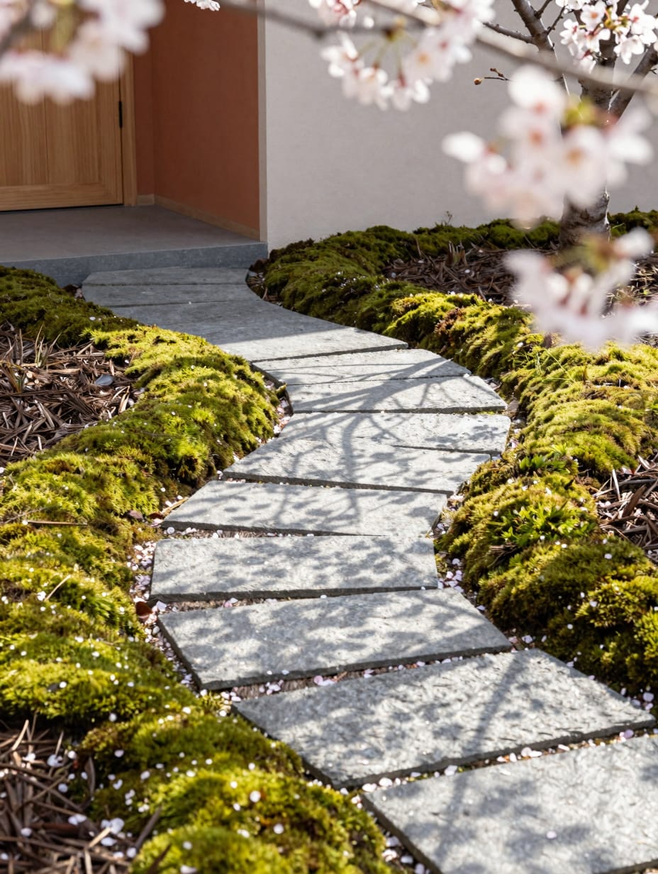 A serene flagstone moss path, one of many yard landscaping ideas for a beautifully designed outdoor space.