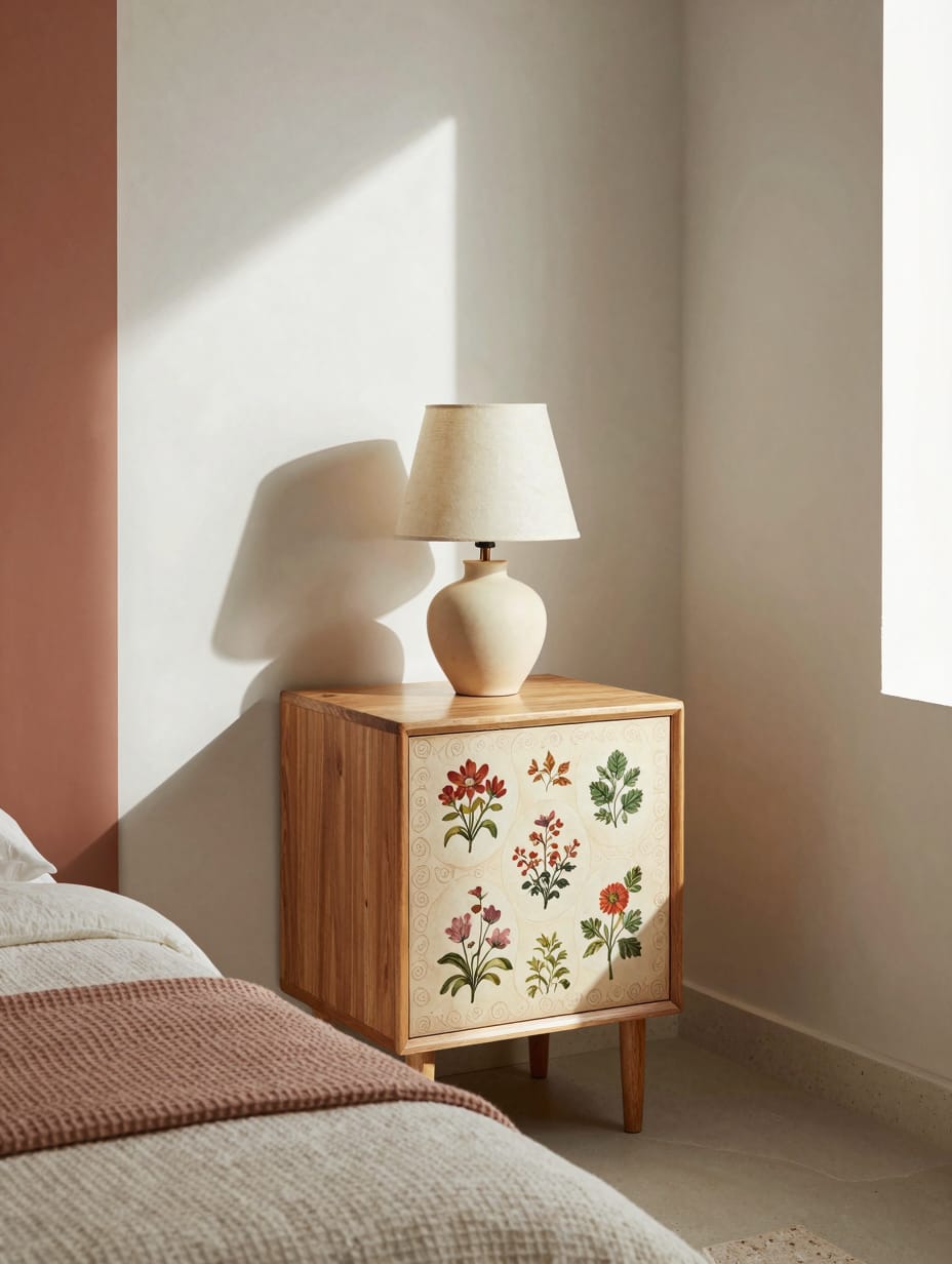 Close-up of a beautifully decoupaged ceramic vase, showcasing intricate floral patterns and adding budget apartment decor ...