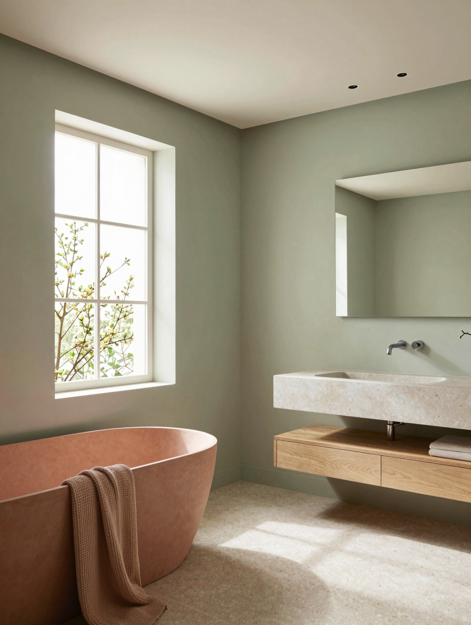 A serene sage green color drenching bathroom with a freestanding tub and natural light, creating a wellness retreat.