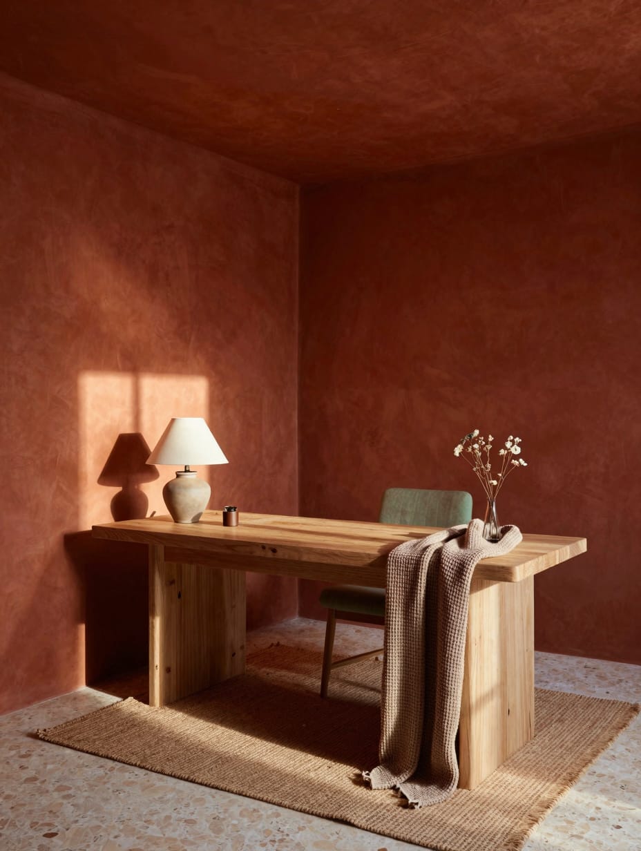 A color drenching home office bathed in warm, sun-drenched terracotta hues, creating a moody and productive retreat.