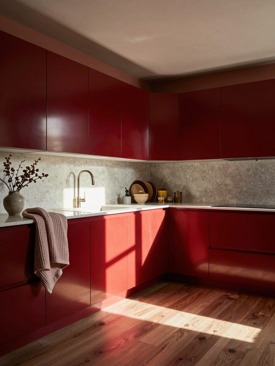 A vibrant ruby red color drenching kitchen with matching cabinets, walls, and a large island, creating a passionate culina...