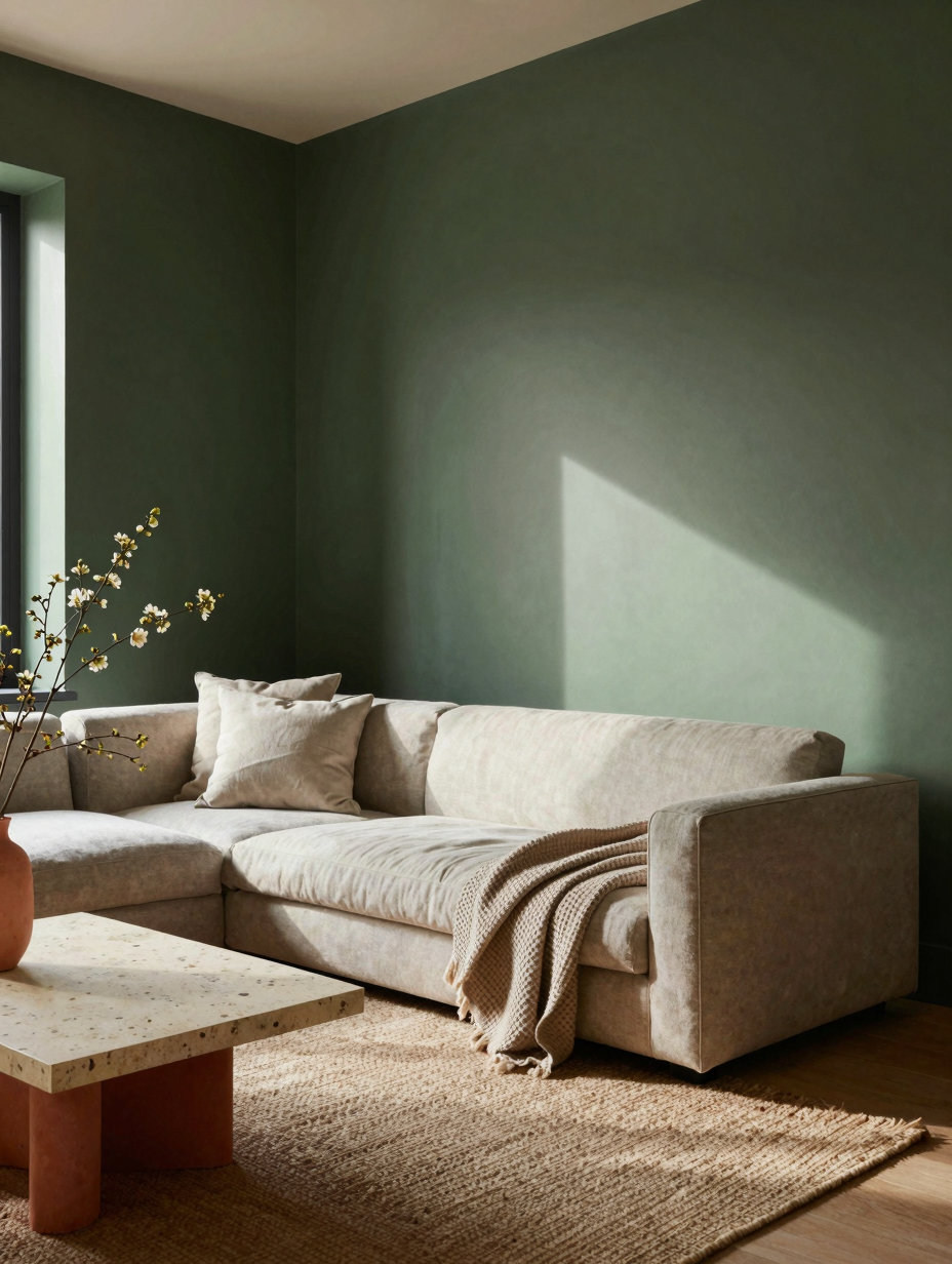 A sophisticated color drenching living room with walls, ceiling, and furniture in deep sage green, creating an earthy and ...