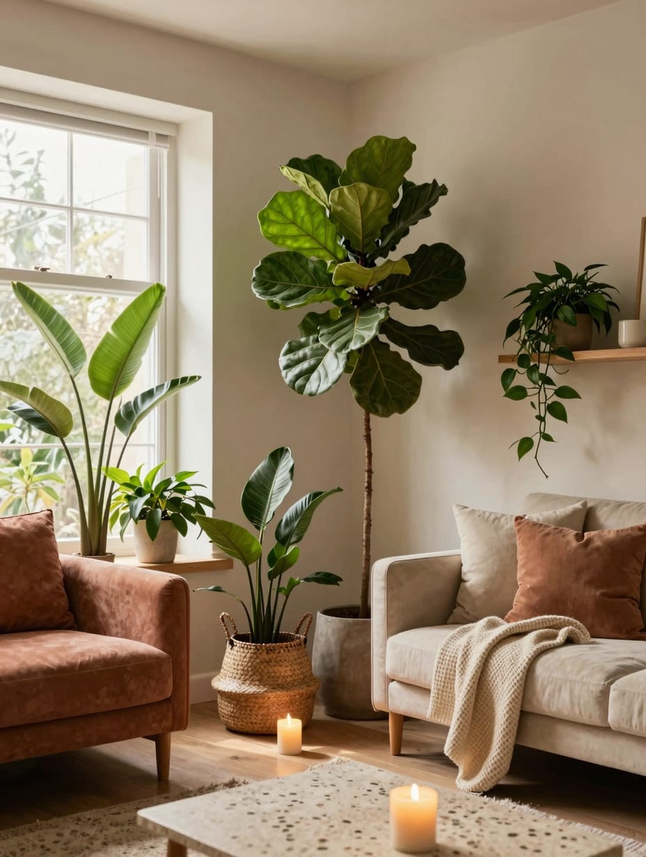 A bright and airy living room filled with lush green plants, a comfy sofa, and natural light, creating a fresh, cozy atmos...