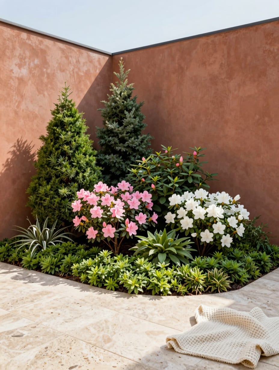 Multi-textured foundation planting around a house, featuring diverse plants like shrubs, flowers, and groundcover.