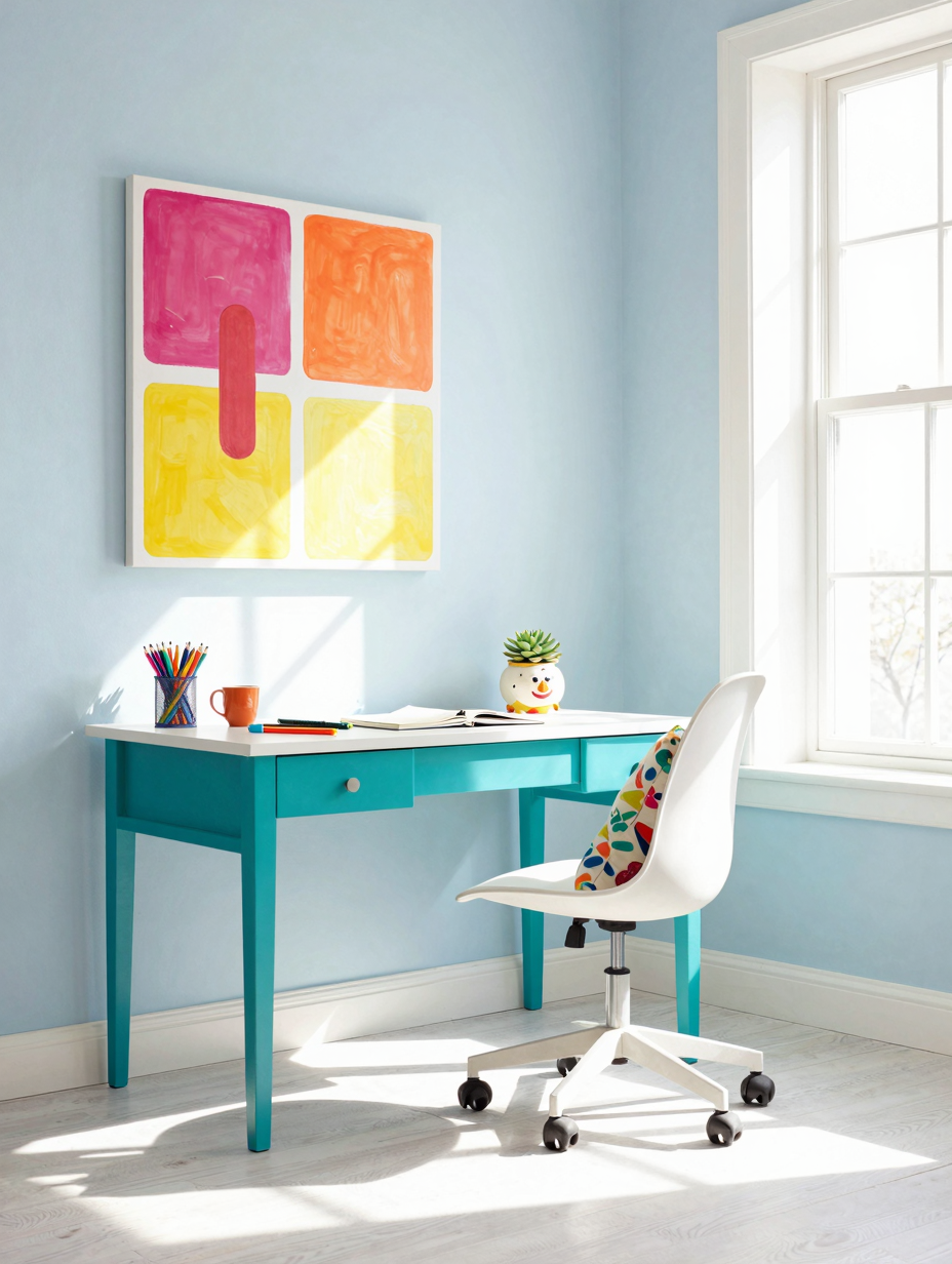 A vibrant home office aesthetic with colorful decor, artwork, and a comfortable desk setup, creating a creative haven.