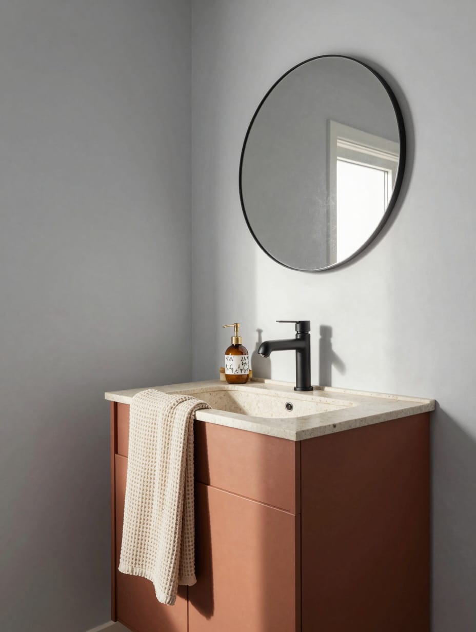 A modern white utility sink with gold faucet and storage below, perfect for small laundry rooms.