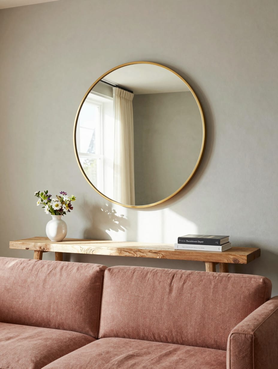 A chic, round gold statement mirror hanging above a console table, reflecting natural light in a stylish budget apartment ...