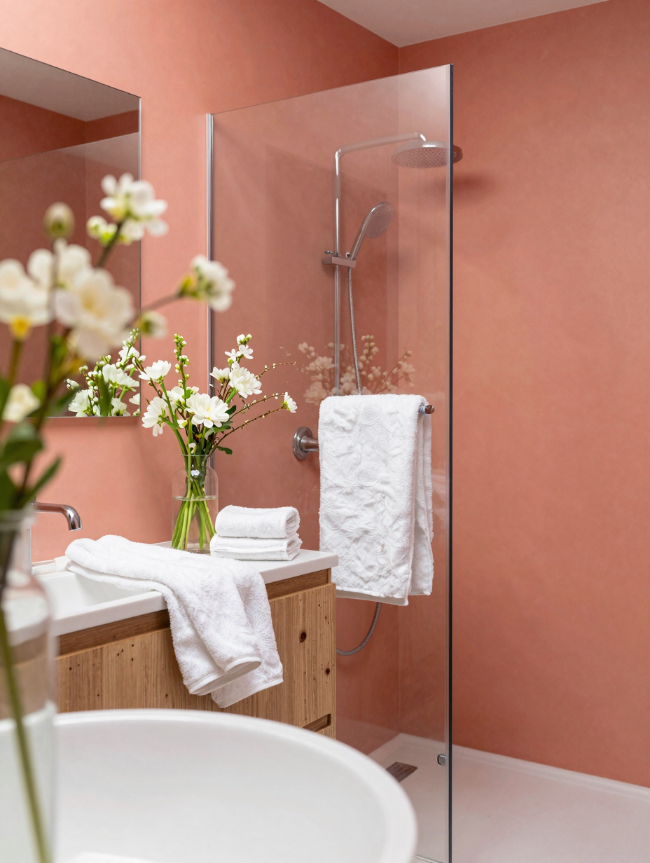 A modern color-drenched bathroom featuring vibrant coral walls and matching decor elements.