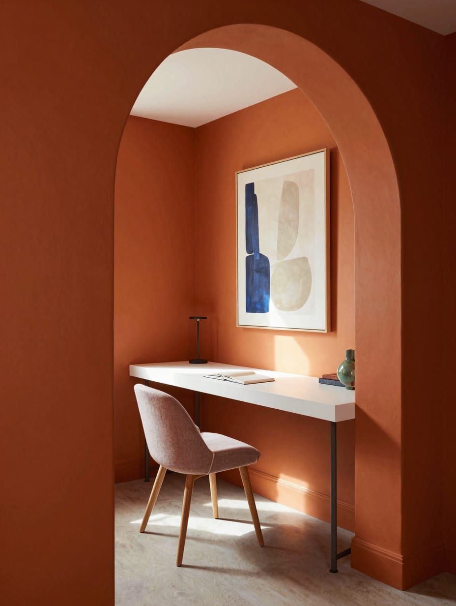 A vibrant burnt orange color drenching home office with sleek, modern furniture creating an energetic and focused workspac...