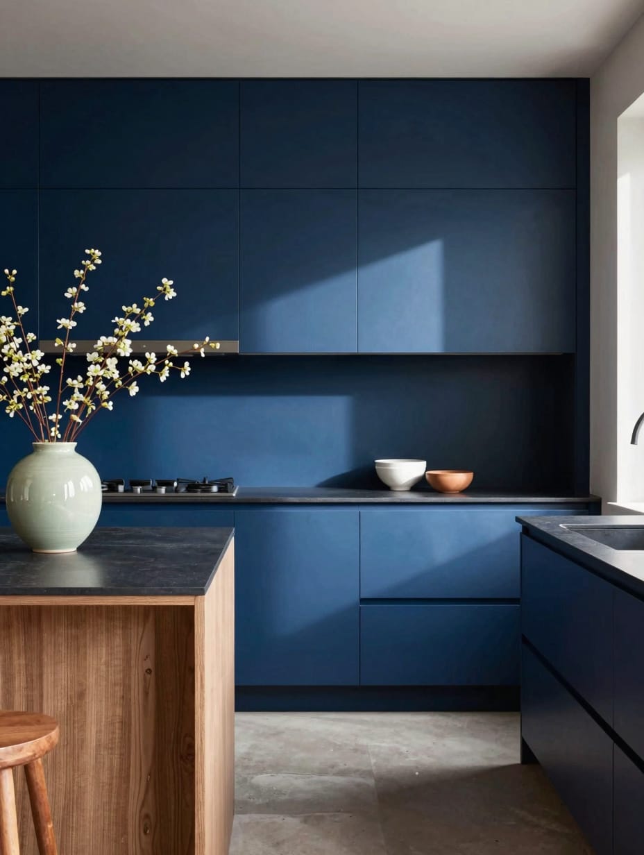 A stunning color drenching kitchen design featuring various shades of ocean blue, creating a serene and immersive cooking ...