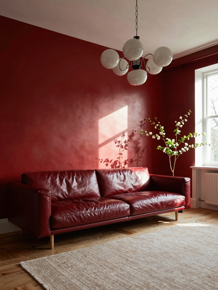 A passionately hued ruby red color drenching living room with a plush velvet sofa, modern art, and matching walls.