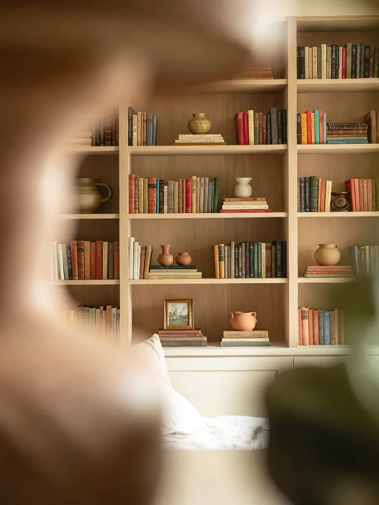 A cozy bedroom featuring open shelving filled with cherished books, small plants, and decorative objects for a personalize...