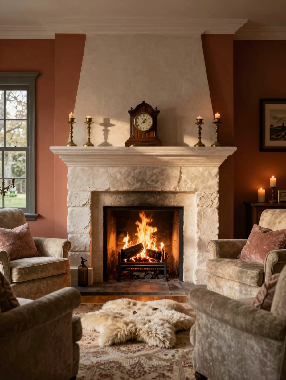 A cozy living room with a crackling fireplace, plush armchairs, and warm decor, inviting relaxation around the hearth.