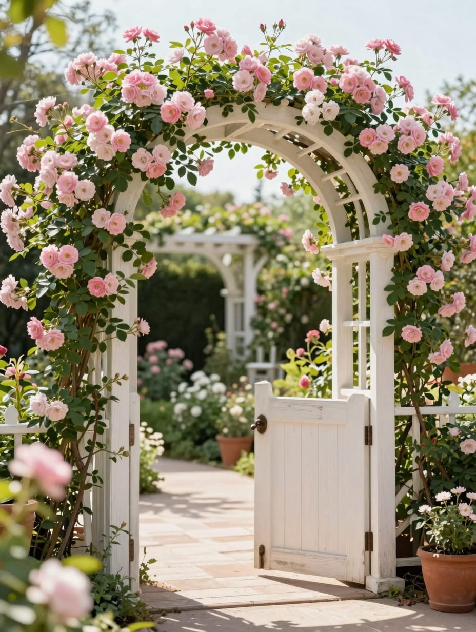 Floral archway entry statement with pink climbing roses, enhancing curb appeal of a front yard.